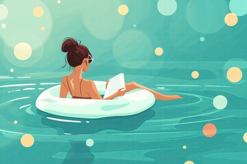 Woman relaxing in a swimming pool, flat cartoon illustration