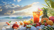 Um drinque de frutas tropicais arranjadas em composição com diversas frutas frescas, ao fundo um lindo mar com uma praia levemente desfocada