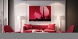 Clean lines and minimalist decor accentuated by a bold ruby and white back art wall, creating a sophisticated ambiance.