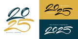 Fototapeta Młodzieżowe - Happy New Year 2025 lettering logos. The numbers is hand drawn with a brush. Set of vector illustration with black, gold and white numbers 2025. New Year holiday logos template. 2025 New Year symbols.