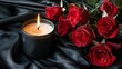 Funeral and mourning concept - red roses and burning candle over black background