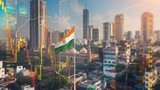 India business skyline with stock exchange trading chart double exposure with Taj Mahal and India flag, Asia trading stock market digital concept	
