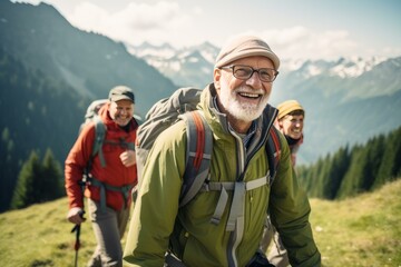 resilient senior group hiking mountain. sport healthy. fictional person. generate ai