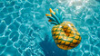 Floating pineapple mattress in a refreshing blue pool. Summer time holiday background
