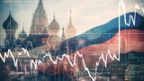 Fototapeta Londyn - Moscow Russia Kremlin red square skyline with stock exchange trading chart double exposure with Russian flag, trading stock market digital concept	