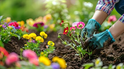 spring flower planting a woman is planting flowers