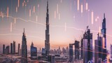 Fototapeta Londyn - Dubai UAE business skyline with stock exchange trading chart double exposure with, middle east trading stock market digital concept	
