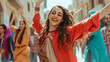 happy arabic woman dancing in the street