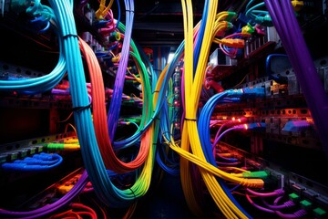 Poster - Tangled Server colorful cables. Tech rack. Generate ai