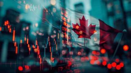 Poster - Canada business skyline with stock exchange trading chart double exposure with Canada flag, trading stock market digital concept	
