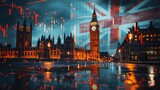 Fototapeta Londyn - London UK business skyline with stock exchange trading chart double exposure with the British flag, trading stock market digital concept	
