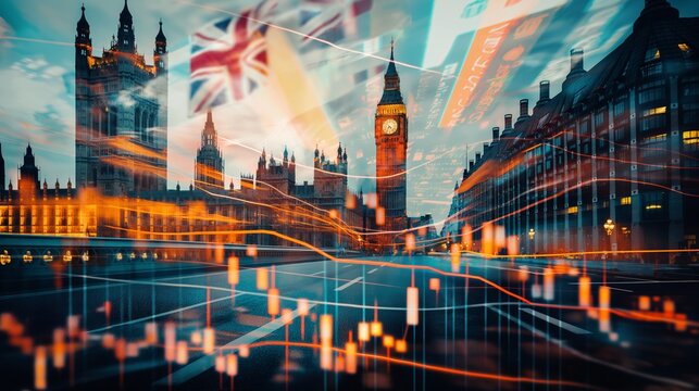 london uk business skyline with stock exchange trading chart double exposure with the british flag, 