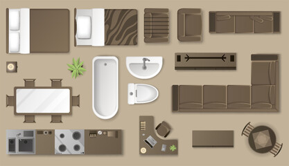 Interior furniture collection top view. Elements for living room, bedroom, kitchen, bathroom. Floor plan, view from above. Furniture store. Icons set of interior. Isolated vector illustration
