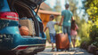 Family loading suitcases into car trunk for a journey, casual travel scene in a sunny driveway