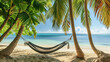 Uma rede de descanso armada entre as palmeiras em uma bela praia relaxante, evocando o conceito de viagem e lazer