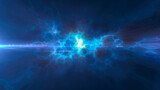Fototapeta Do przedpokoju - Blue energy glowing magic waves and electric lightning charges high-tech digital iridescent liquid plasma with light rays lines and energy particles. Abstract background