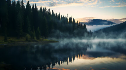 Wall Mural - Morning mist covers a beautiful lake surrounded by pine forest