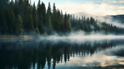 Wall Mural - Morning mist covers a beautiful lake surrounded by pine forest