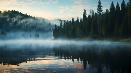 Wall Mural - Morning mist covers a beautiful lake surrounded by pine forest