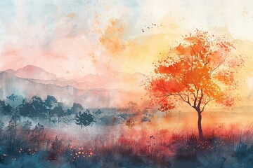 abstract watercolor landscape art with a whimsical children's book aesthetic, featuring a gentle pas