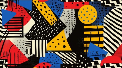Poster - An abstract work of art with a geometric composition rich in red, yellow and blue, colliding to create a strong visual appeal.