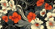 Artwork featuring hibiscus flowers in an Art Deco style, with snaking lines and sharp color contrast against a black background.