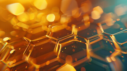 Close-up of hexagonal patterns on skin glowing with Vitamin C, on a softly blurred background