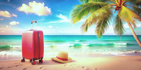 Wall Mural - modern suitcase with wheels, straw hat and palms standing on the calm sea on the sand. Travel concept, flight, summer vacation