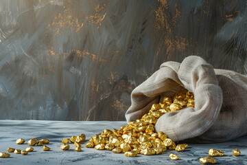 Wall Mural - Overturned sack of gold on the table, the discovery and increasing demand for gold, one of the world's most traded commodities and is vital to the economy