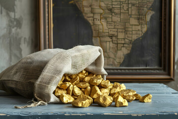 Wall Mural - Overturned sack of gold on the table, the discovery and increasing demand for gold, one of the world's most traded commodities and is vital to the economy