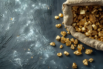 Wall Mural - Overturned sack of gold on the table, the discovery and increasing demand for gold, one of the world's most traded commodities and is vital to the economy