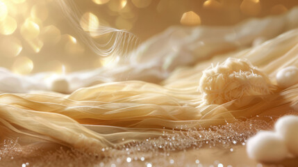 Wall Mural - Illustration of silk proteins for skin softening, with a cocoon and silk thread blurred behind