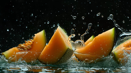 Wall Mural - Juicy cantaloupe chunks hitting the dark water surface, vivid contrasts forming