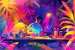 Man food blogger cooking at the kitchen, funky artsy colorful vibrant stylish cartoon illustration