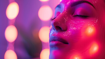 Wall Mural - LED light therapy facial mask, spa ambiance softly blurred behind