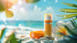 Realistic illustration of SPF lip balm for protection, with a sunny beach blurred