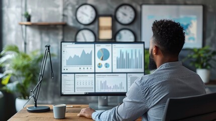 Fototapete - A man is sitting at a desk in front of a computer monitor with a lot of graphs and numbers on it. He is focused on the screen and he is working on some data analysis. The room has a modern