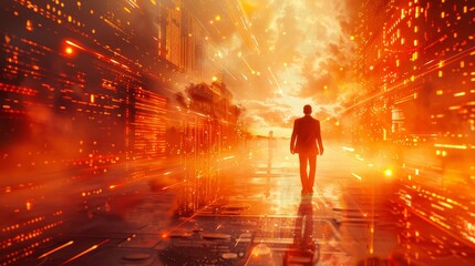 Fototapete - A man walks down a street in a futuristic city. The sky is orange and the buildings are lit up with neon lights. The scene is surreal and gives off a feeling of being in a dreamlike state
