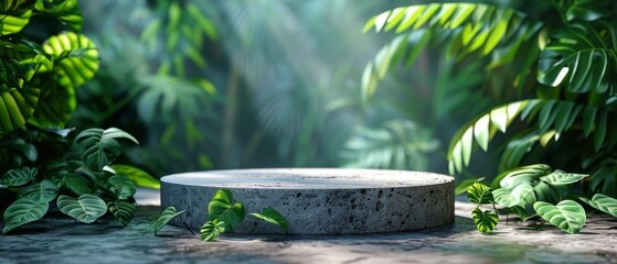 Leinwandbilder - Sculpted concrete podium on a natural green background for packaging product presentation. The scene with green leaves is a background for cosmetic products. Mockup of the pedestal.