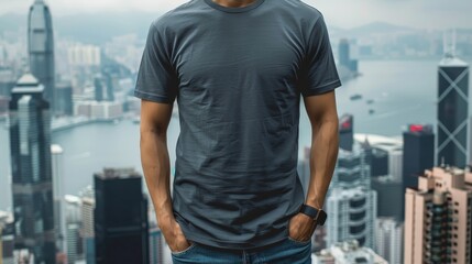 Wall Mural - A man in a blue shirt stands in front of a city skyline. The city is bustling with activity, and the man is enjoying the view