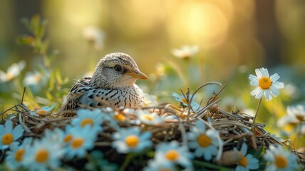 Easter. Celebrate the wonders of renewal and the endless possibilities that lie ahead. Bay chick as a symbol in nature among spring flowers.