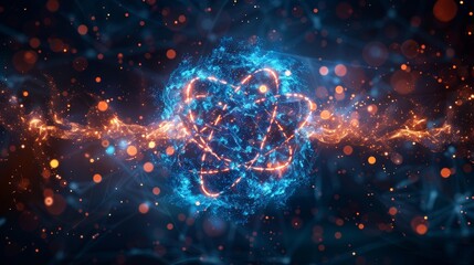 Leinwandbilder - Atom cosmic icon or symbol. Nuclear science concept on blue technology background. Atom or molecule with light orbits and bright sparkles. Illustration in digital format.