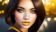 Portrait of a beautiful brunette girl with golden sunlit citrine colored eyes and lips