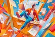 A creative person flying in the realm of his imagination during work, colorful modern surreal abstract art cartoon illustration