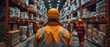 Hardhat-wearing warehouse workers standing in aisle between tall racks loaded with packed goods, back view