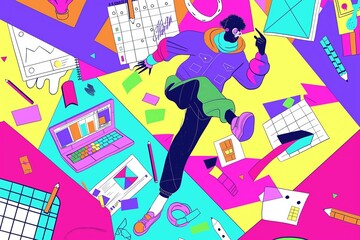 Wall Mural - A creative person flying in the realm of his imagination during work, colorful modern surreal abstract art cartoon illustration