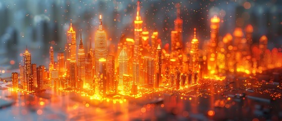 Poster - This is a duotone graphic of a smart city diorama and communication network concept, illustrating IoT (Internet of Things), ICT (Information Communication Technology), digital transformation, and