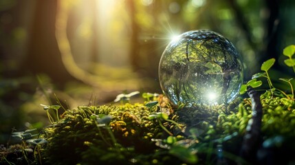 Poster - Detailed view of a crystal globe sat on moss in a forest - concept of the environment