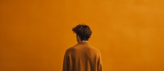 Poster - Amber sweaterclad man poses against peach wall, casting shadow under sunny sky