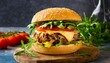 hamburger with pulled pork, cheese, pickled cucumbers, tomatoes and arugula